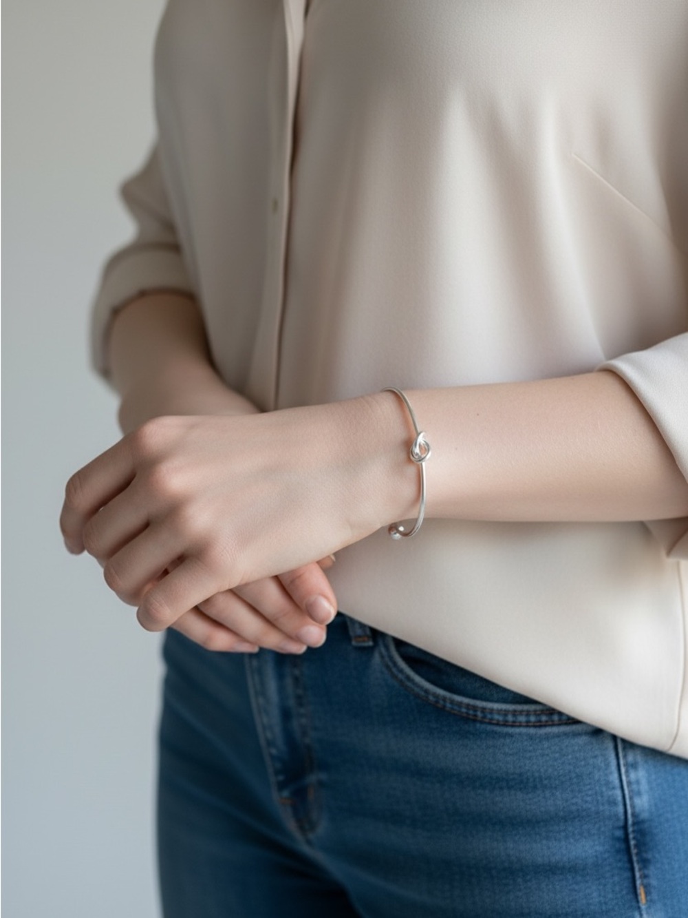 9/16 Minimalist Silver Knot Open Bangle Bracelet - Women Jewelry